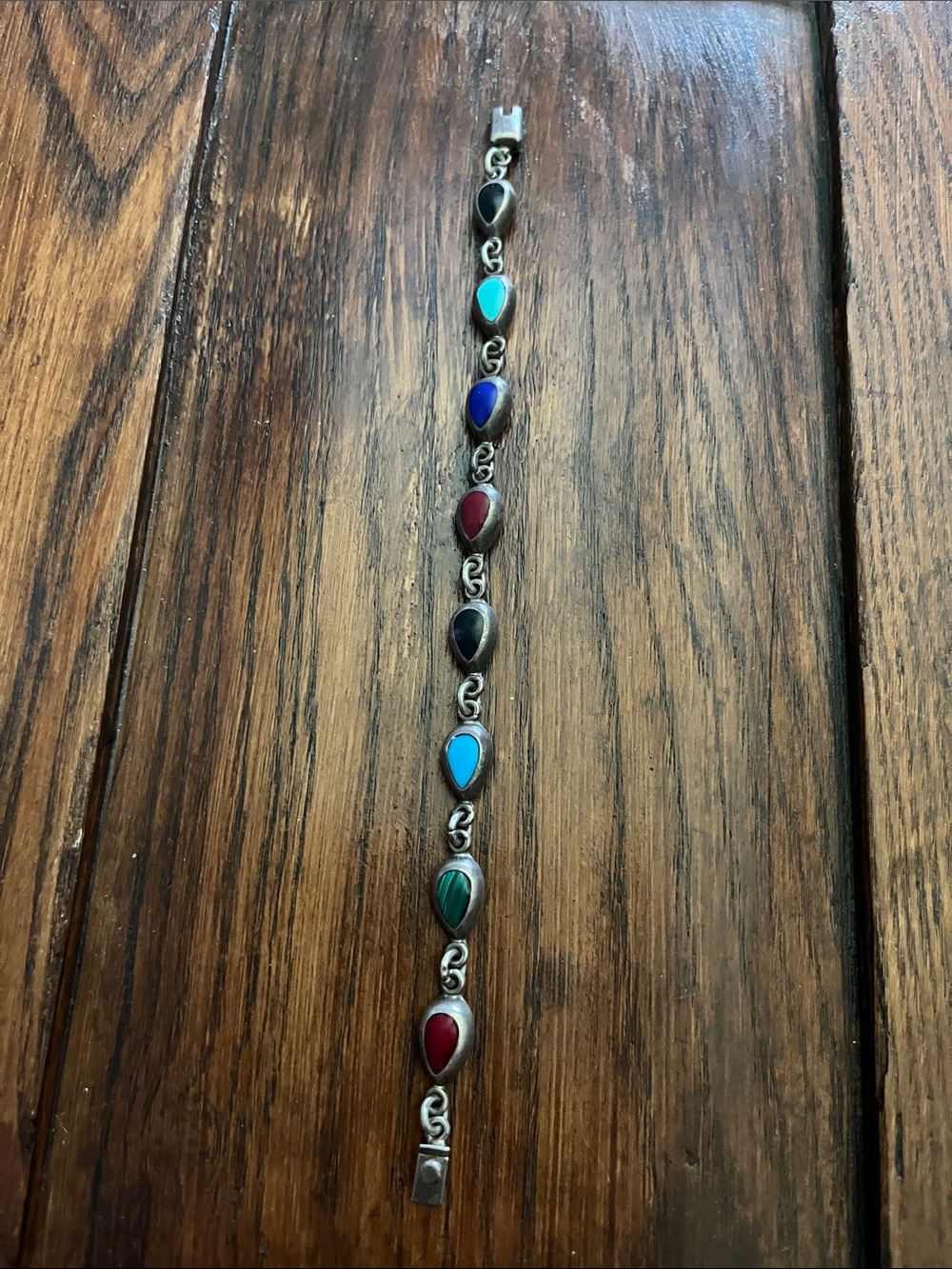 Taxco Multicolor Teardrop Inlay Bracelet - Blue, Turquoise, Green, Red, Black